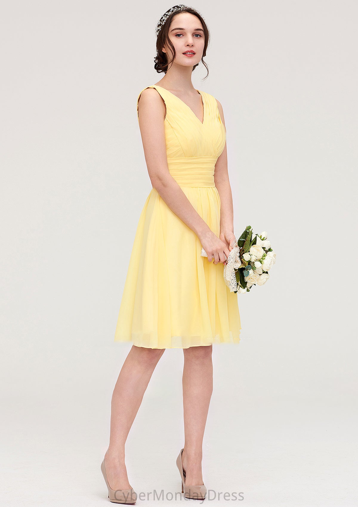 V Neck Sleeveless A-line/Princess Chiffon Knee-Length Bridesmaid Dresses With Pleated Mya DTP0025414