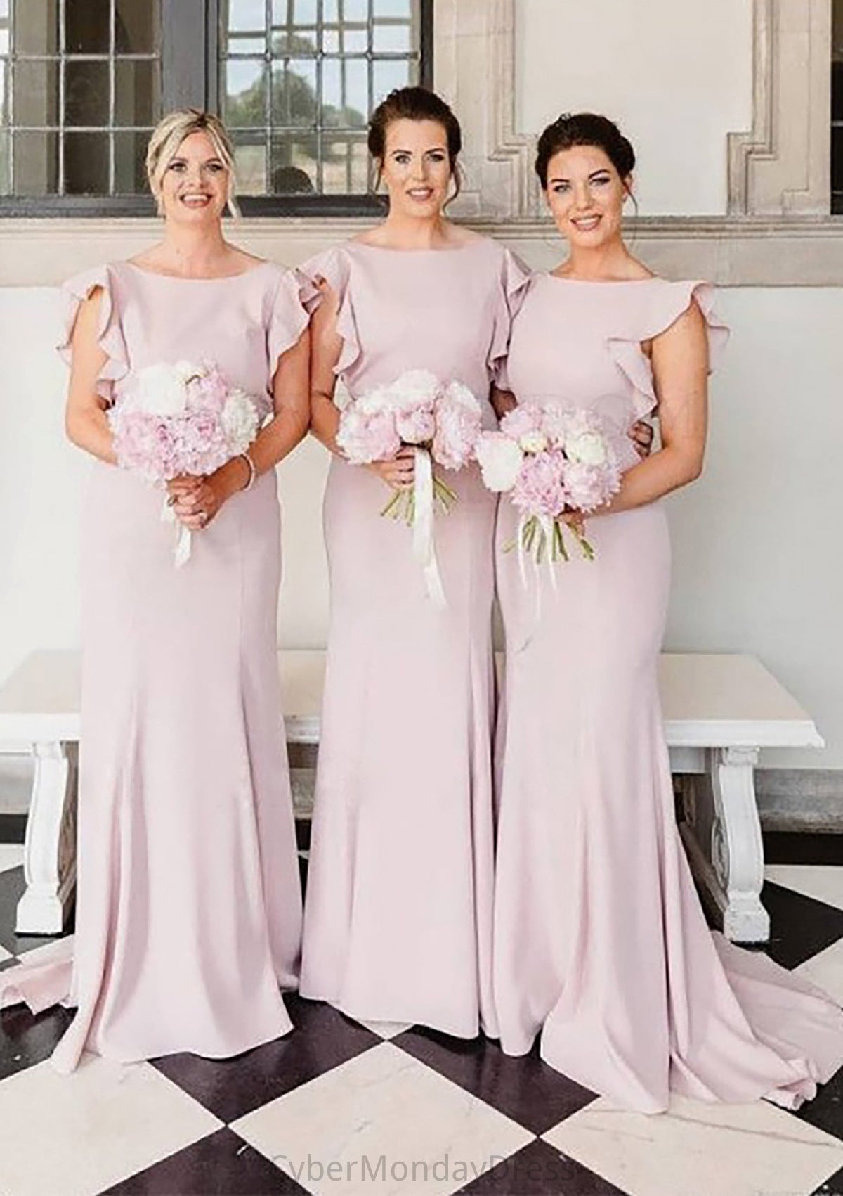 Sheath/Column Scoop Neck Sleeveless Sweep Train Elastic Satin Bridesmaid Dresses With Ruffles Josie DTP0025415