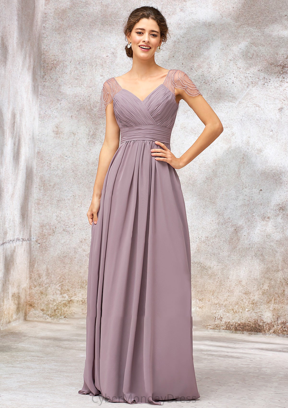 V Neck Long/Floor-Length Chiffon A-line/Princess Bridesmaid Dresses With Pleated Beading Juliette DTP0025416