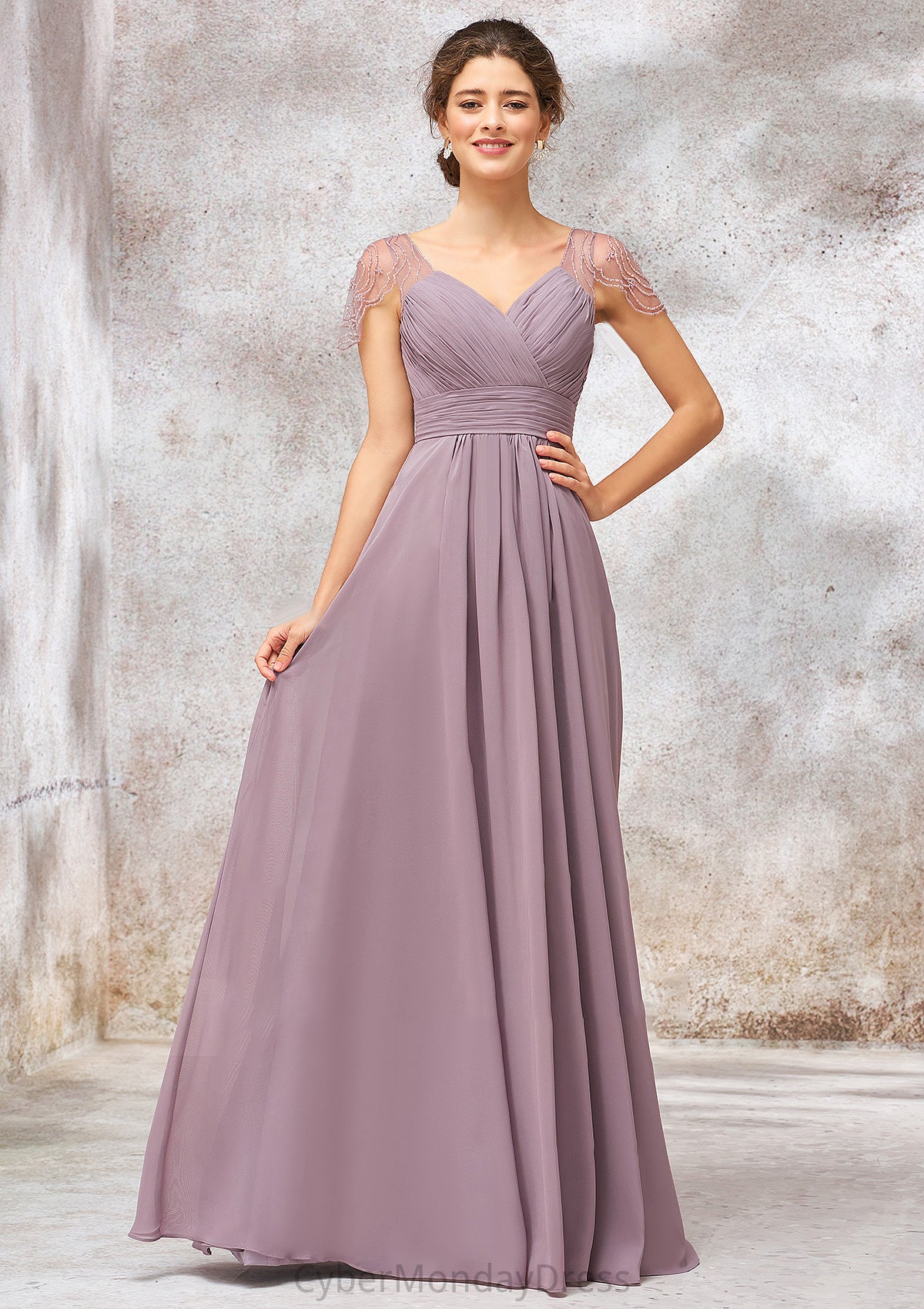 V Neck Long/Floor-Length Chiffon A-line/Princess Bridesmaid Dresses With Pleated Beading Juliette DTP0025416