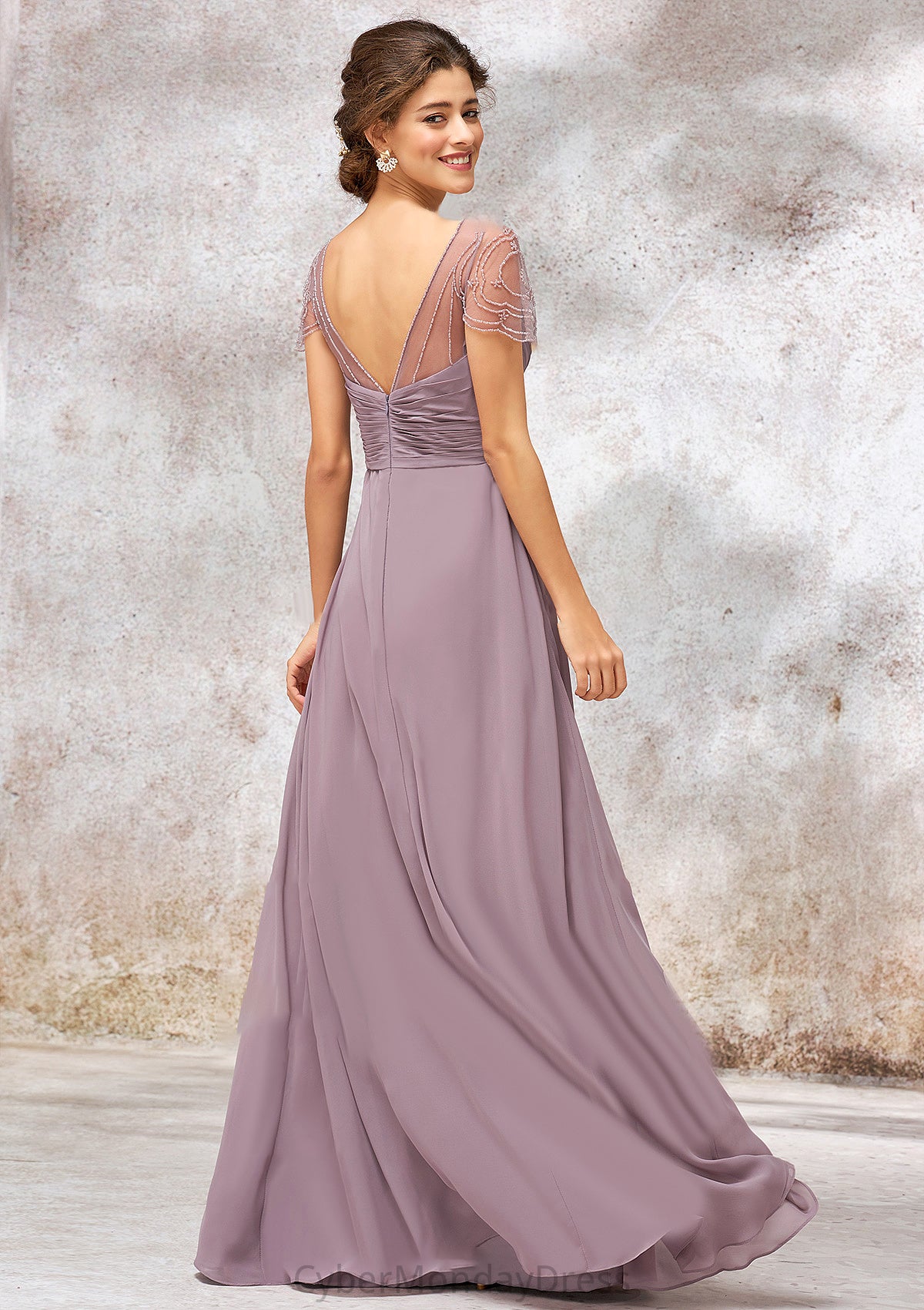 V Neck Long/Floor-Length Chiffon A-line/Princess Bridesmaid Dresses With Pleated Beading Juliette DTP0025416