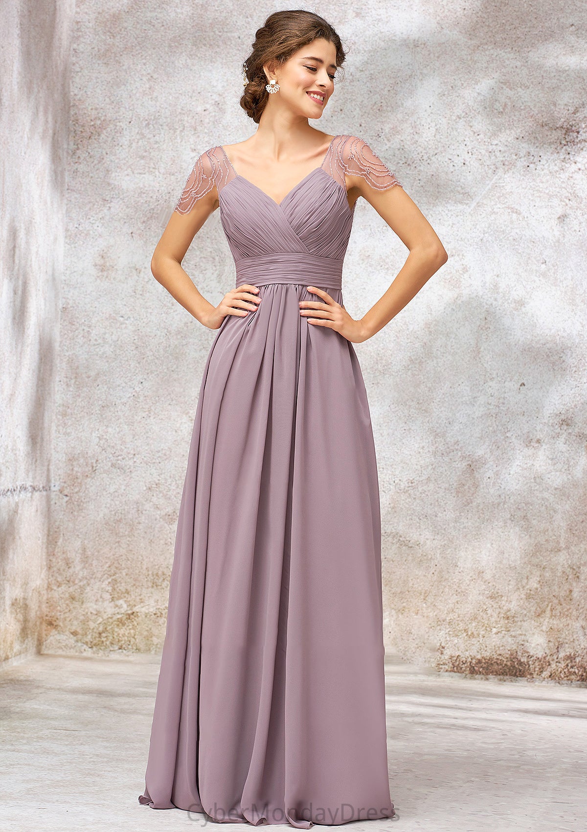 V Neck Long/Floor-Length Chiffon A-line/Princess Bridesmaid Dresses With Pleated Beading Juliette DTP0025416