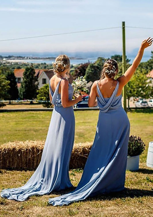 A-line V Neck Sleeveless Court Train Chiffon Bridesmaid Dresses With Pleated Kenna DTP0025419