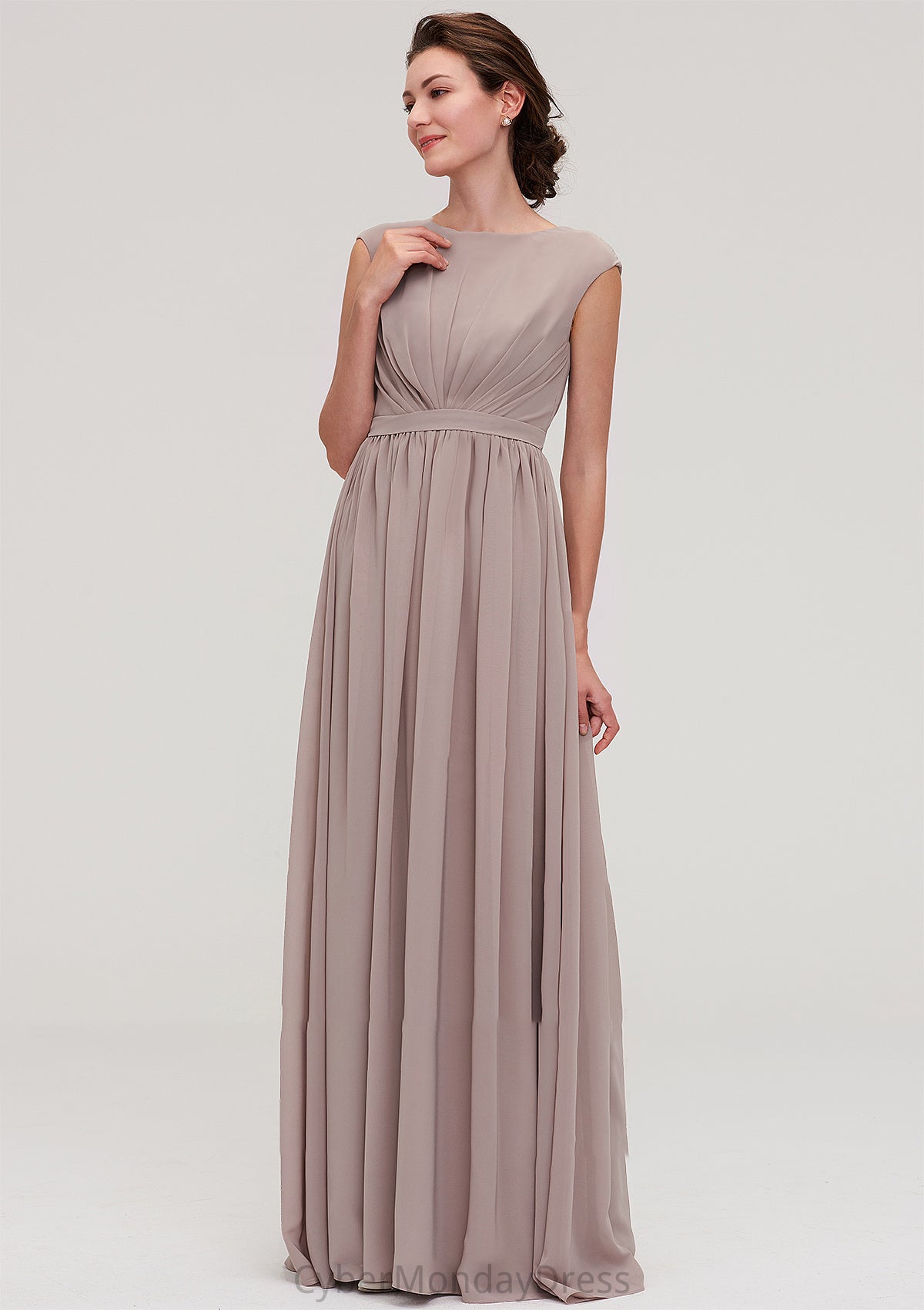 Bateau Sleeveless A-line/Princess Chiffon Long/Floor-Length Bridesmaid Dresses With Pleated Taryn DTP0025420