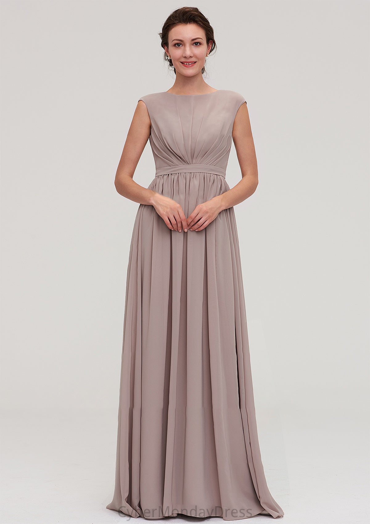 Bateau Sleeveless A-line/Princess Chiffon Long/Floor-Length Bridesmaid Dresses With Pleated Taryn DTP0025420