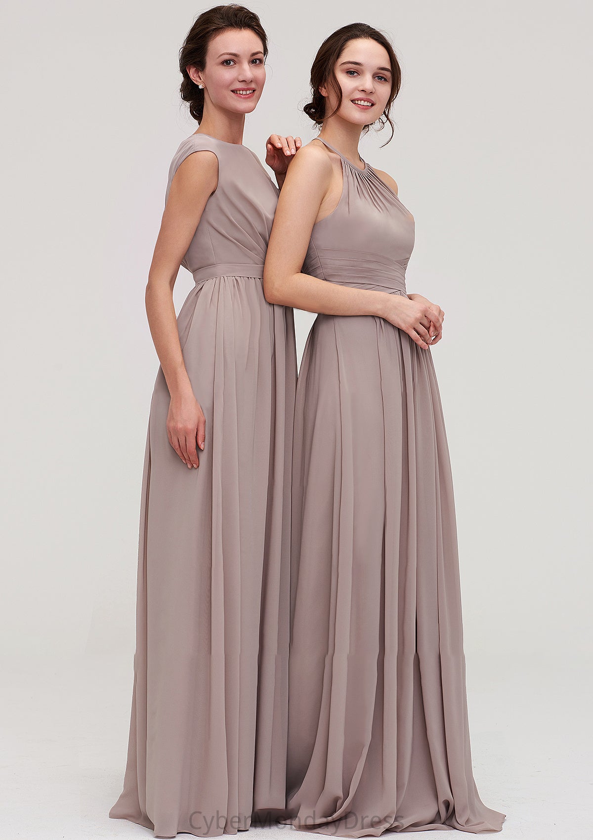 Bateau Sleeveless A-line/Princess Chiffon Long/Floor-Length Bridesmaid Dresses With Pleated Taryn DTP0025420