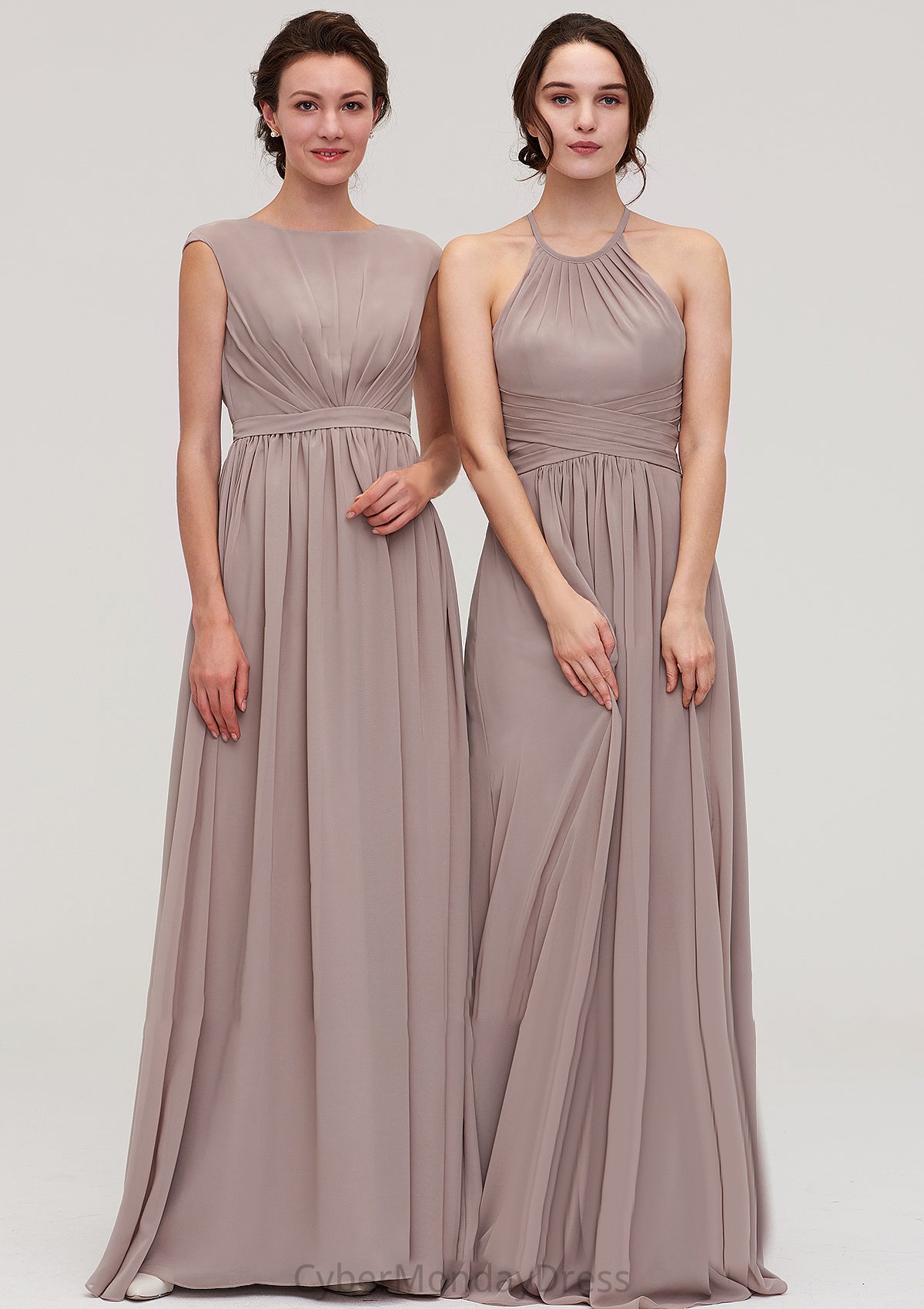 Bateau Sleeveless A-line/Princess Chiffon Long/Floor-Length Bridesmaid Dresses With Pleated Taryn DTP0025420