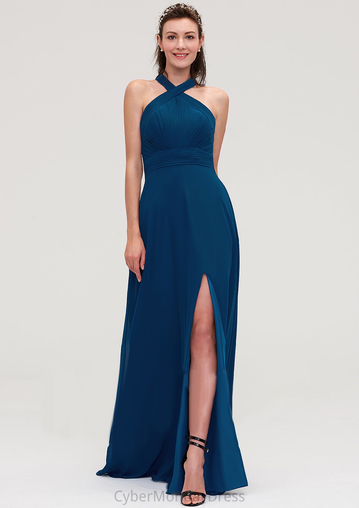 Scalloped Neck Sleeveless A-line/Princess Chiffon Long/Floor-Length Bridesmaid Dresseses With Split Pleated Audrina DTP0025424