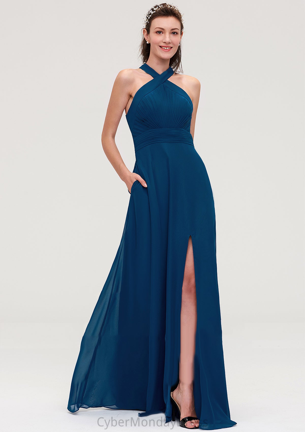 Scalloped Neck Sleeveless A-line/Princess Chiffon Long/Floor-Length Bridesmaid Dresseses With Split Pleated Audrina DTP0025424