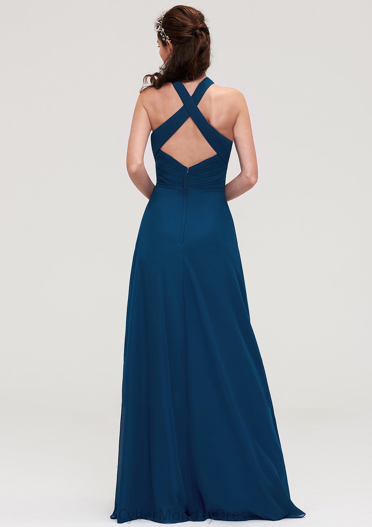 Scalloped Neck Sleeveless A-line/Princess Chiffon Long/Floor-Length Bridesmaid Dresseses With Split Pleated Audrina DTP0025424