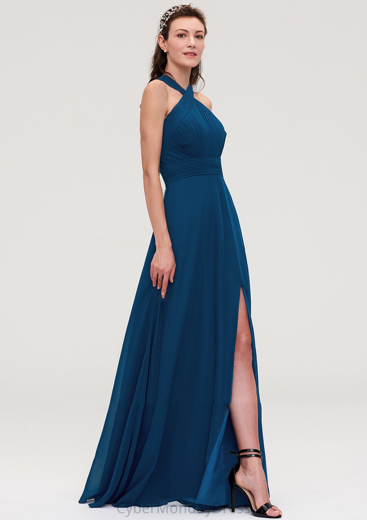 Scalloped Neck Sleeveless A-line/Princess Chiffon Long/Floor-Length Bridesmaid Dresseses With Split Pleated Audrina DTP0025424