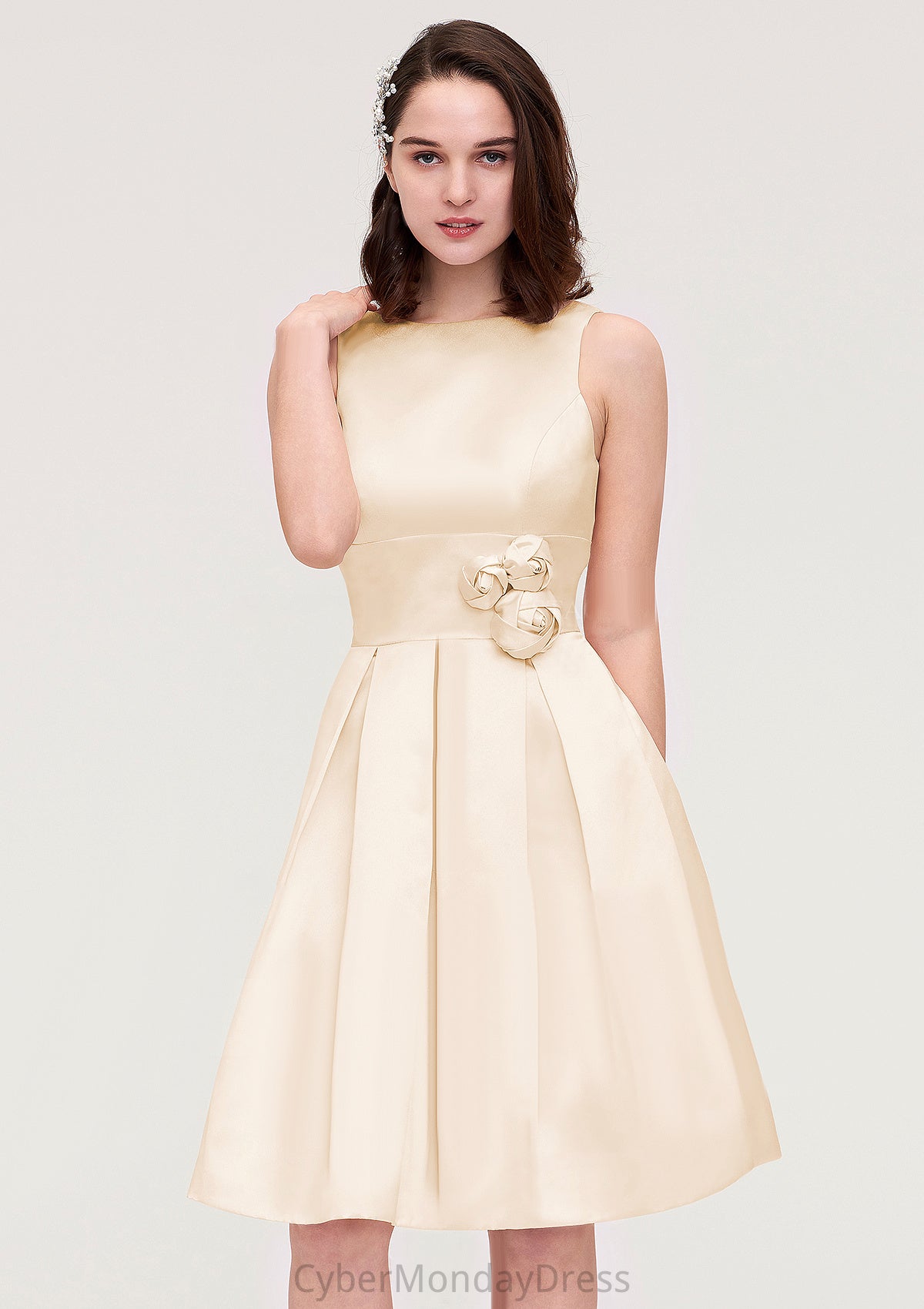 Sleeveless Bateau Knee-Length Satin A-line/Princess Bridesmaid Dresses With Pleated Flowers Elise DTP0025425