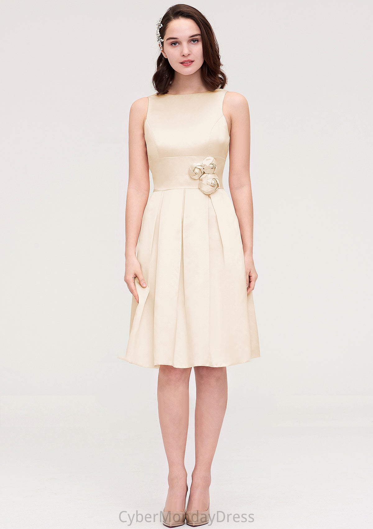 Sleeveless Bateau Knee-Length Satin A-line/Princess Bridesmaid Dresses With Pleated Flowers Elise DTP0025425