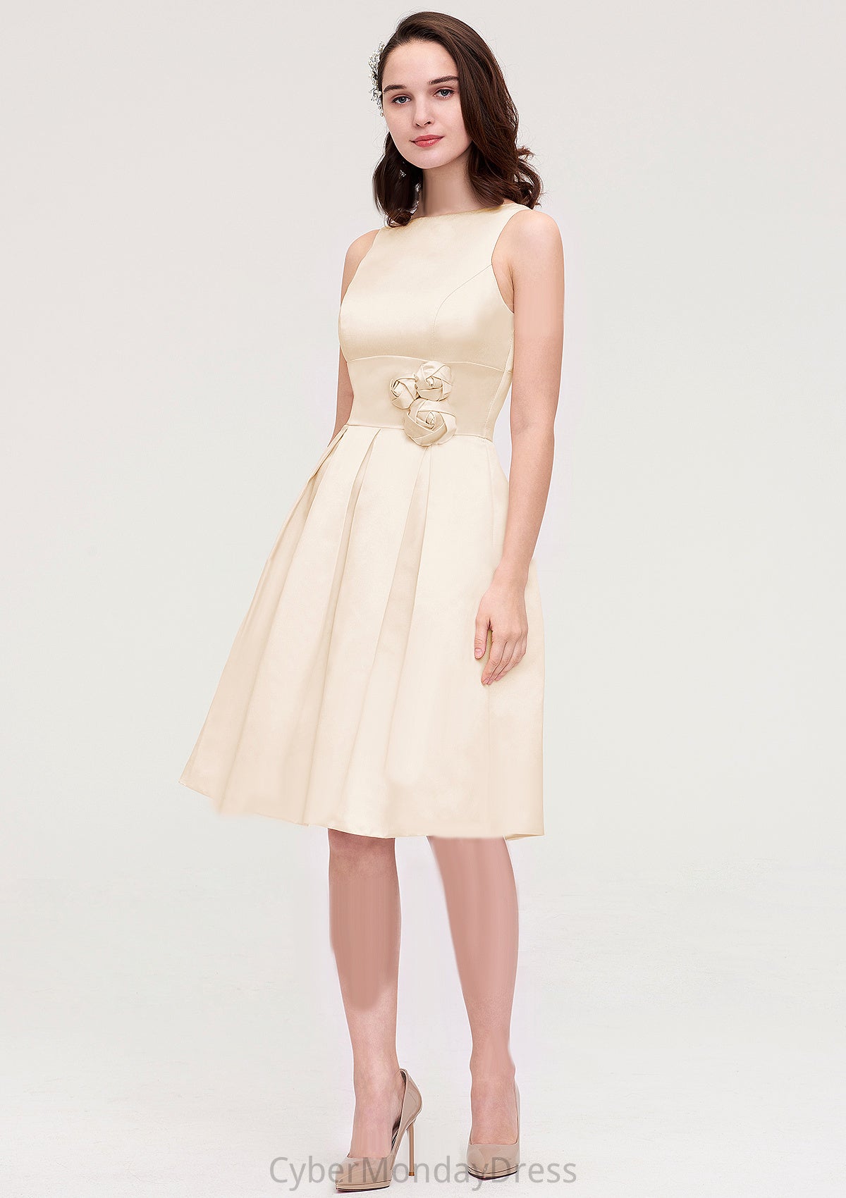 Sleeveless Bateau Knee-Length Satin A-line/Princess Bridesmaid Dresses With Pleated Flowers Elise DTP0025425