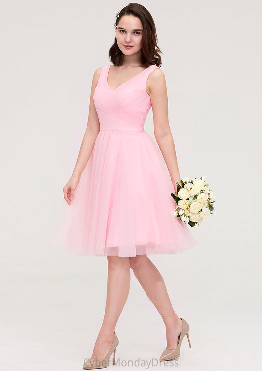 Sleeveless V Neck Knee-Length Tulle A-line/Princess Bridesmaid Dresses With Pleated Madyson DTP0025426