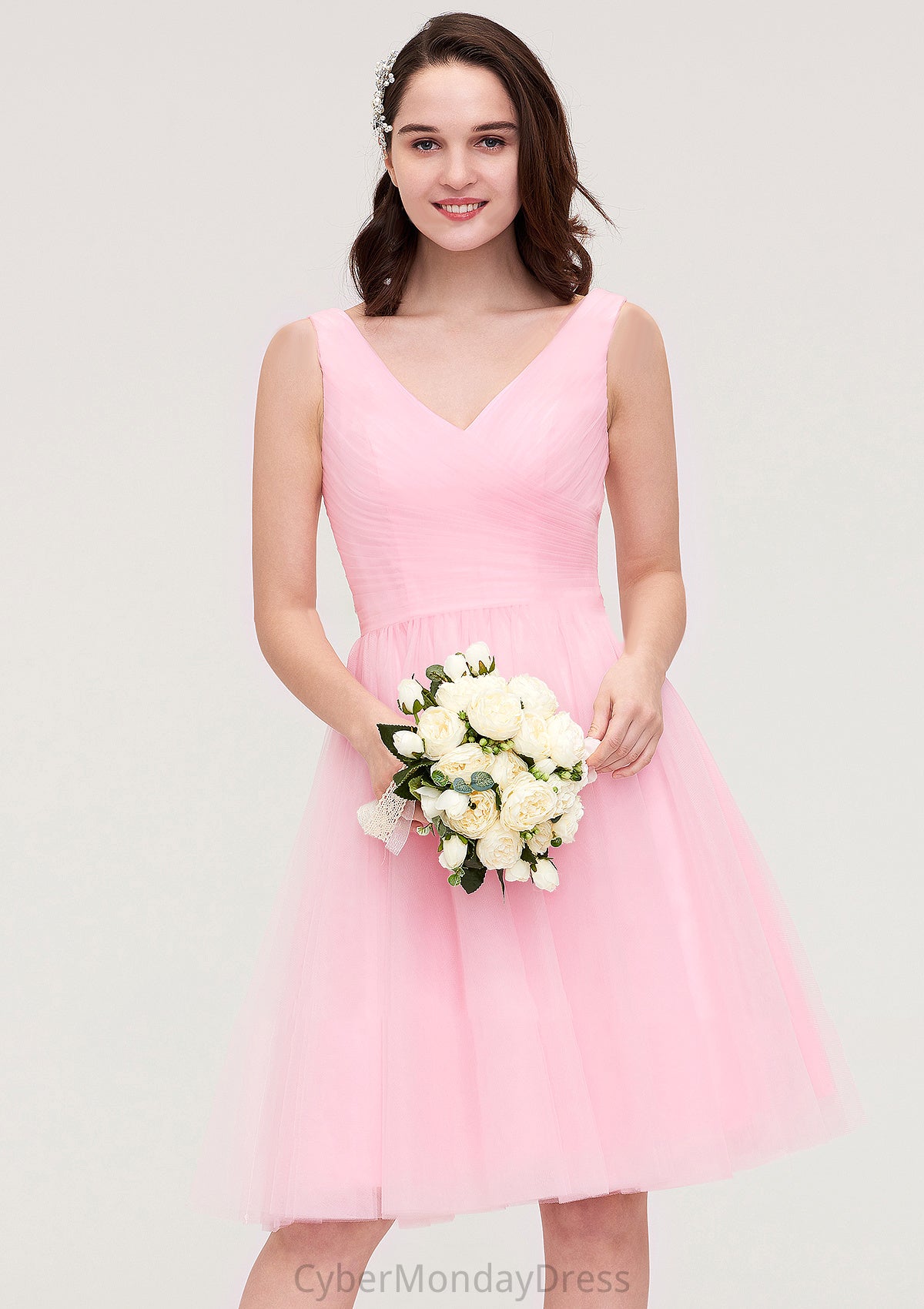 Sleeveless V Neck Knee-Length Tulle A-line/Princess Bridesmaid Dresses With Pleated Madyson DTP0025426