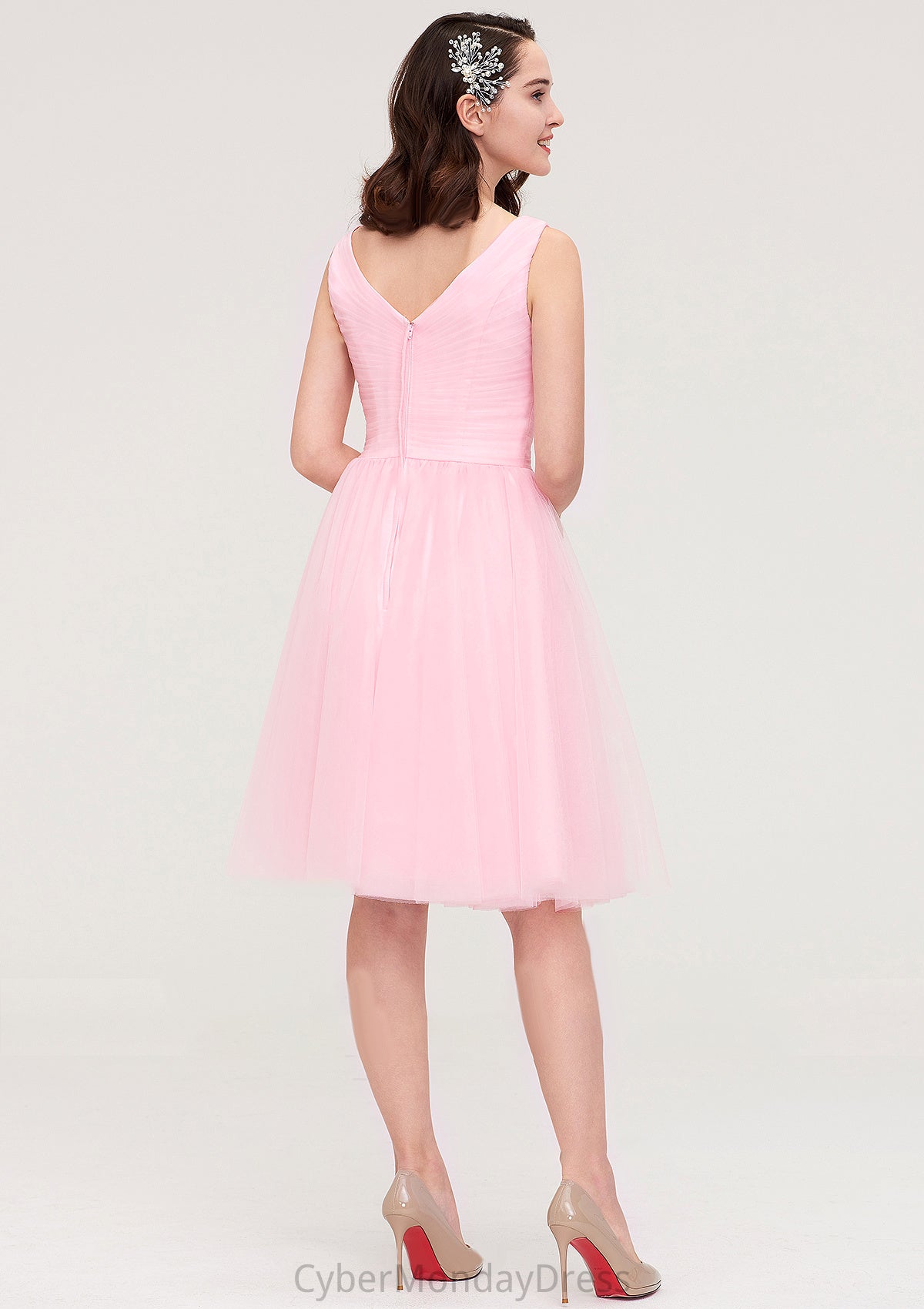 Sleeveless V Neck Knee-Length Tulle A-line/Princess Bridesmaid Dresses With Pleated Madyson DTP0025426