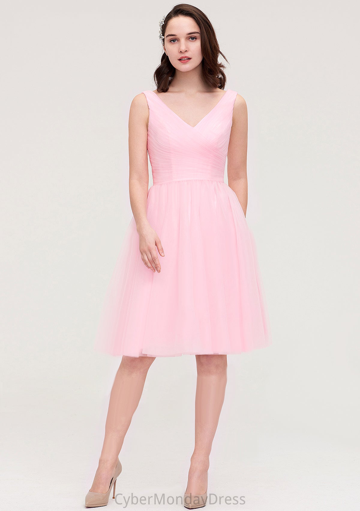 Sleeveless V Neck Knee-Length Tulle A-line/Princess Bridesmaid Dresses With Pleated Madyson DTP0025426