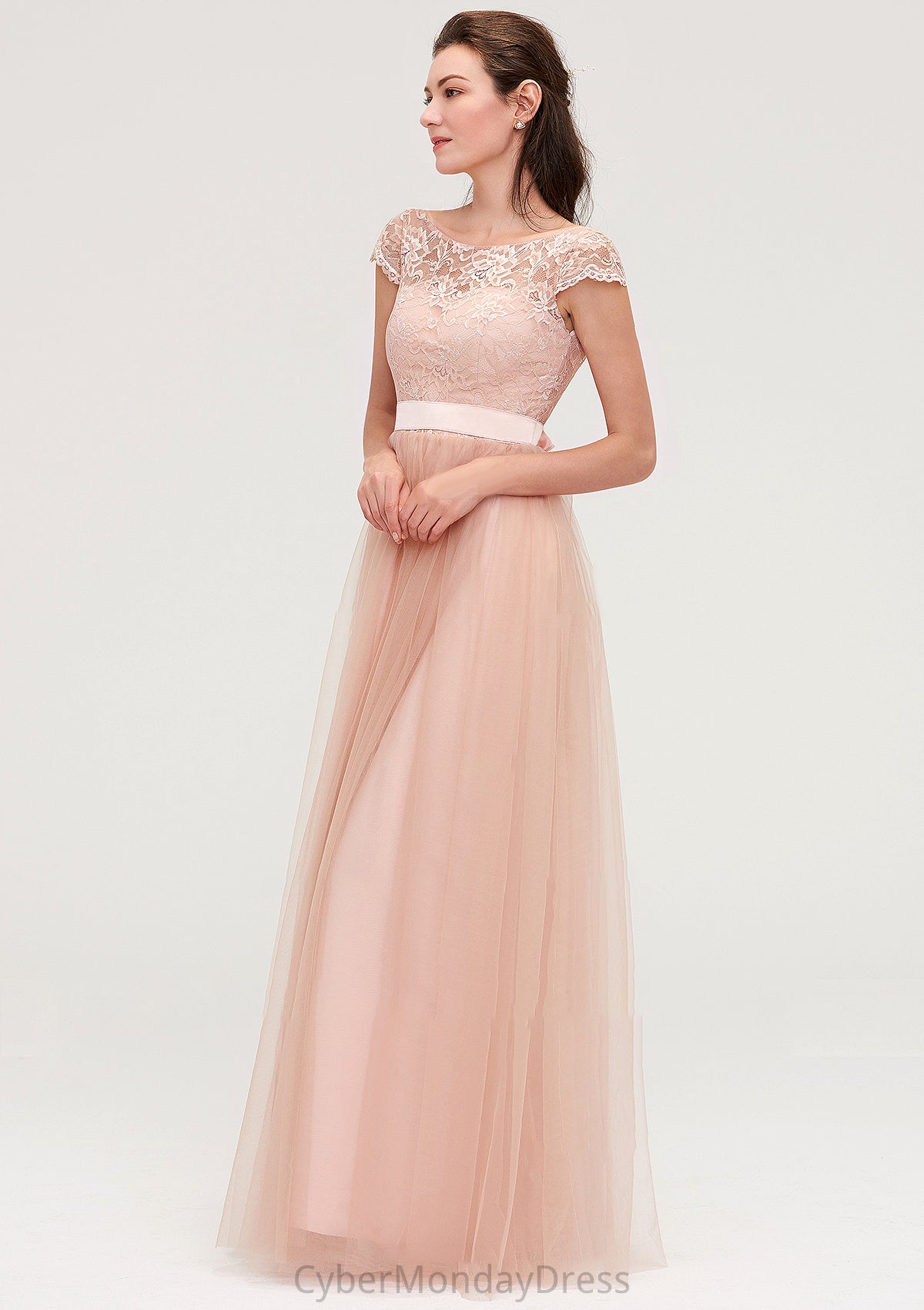 Bateau Sleeveless Tulle A-line/Princess Long/Floor-Length Bridesmaid Dresseses With Sashes Lace Kendal DTP0025427