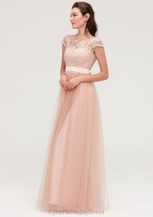 Bateau Sleeveless Tulle A-line/Princess Long/Floor-Length Bridesmaid Dresseses With Sashes Lace Kendal DTP0025427