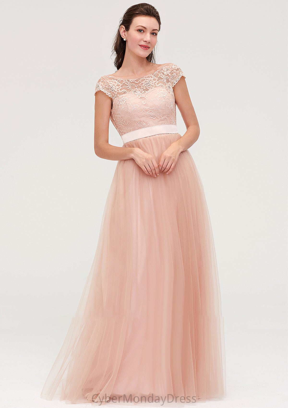 Bateau Sleeveless Tulle A-line/Princess Long/Floor-Length Bridesmaid Dresseses With Sashes Lace Kendal DTP0025427