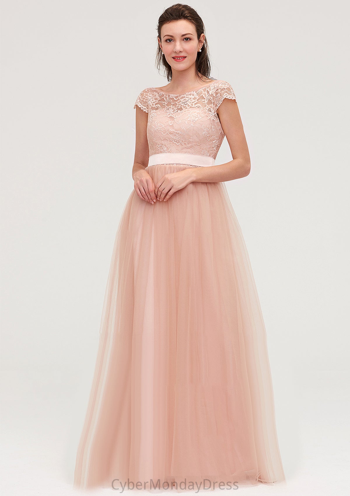 Bateau Sleeveless Tulle A-line/Princess Long/Floor-Length Bridesmaid Dresseses With Sashes Lace Kendal DTP0025427