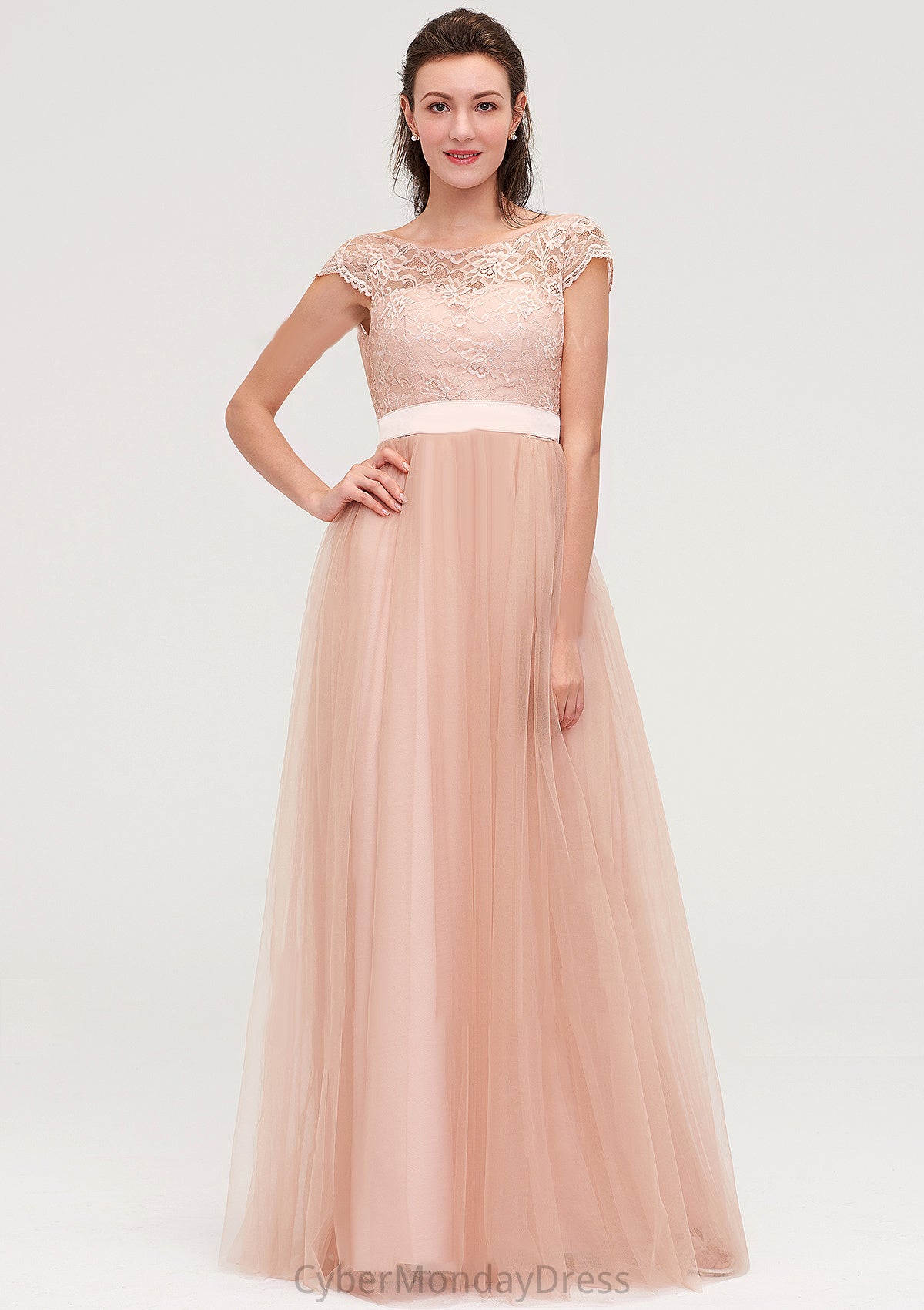 Bateau Sleeveless Tulle A-line/Princess Long/Floor-Length Bridesmaid Dresseses With Sashes Lace Kendal DTP0025427