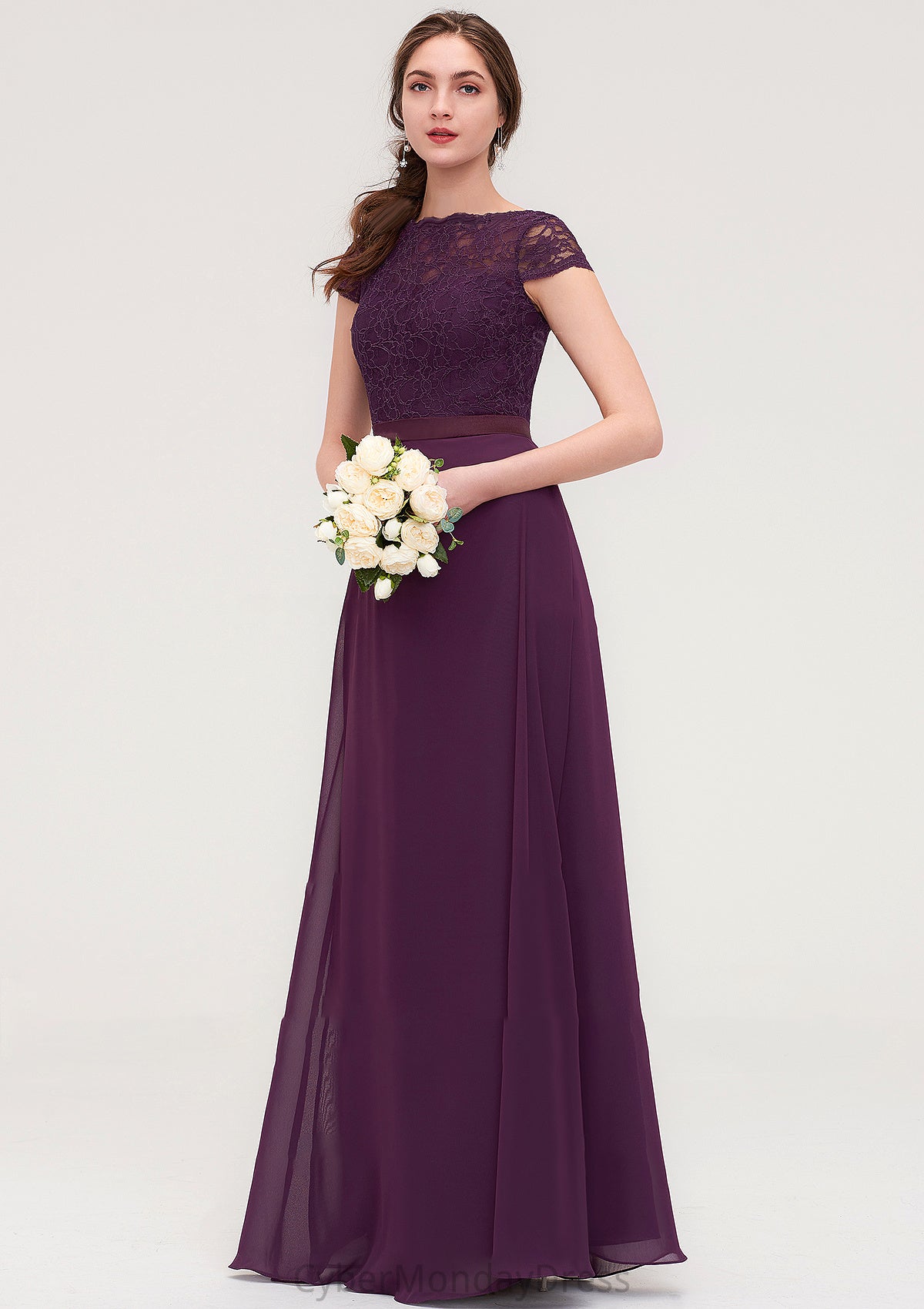 Short Sleeve Bateau Long/Floor-Length  Chiffon A-line/Princess Bridesmaid Dresses With Sashes Lace Tamia DTP0025428