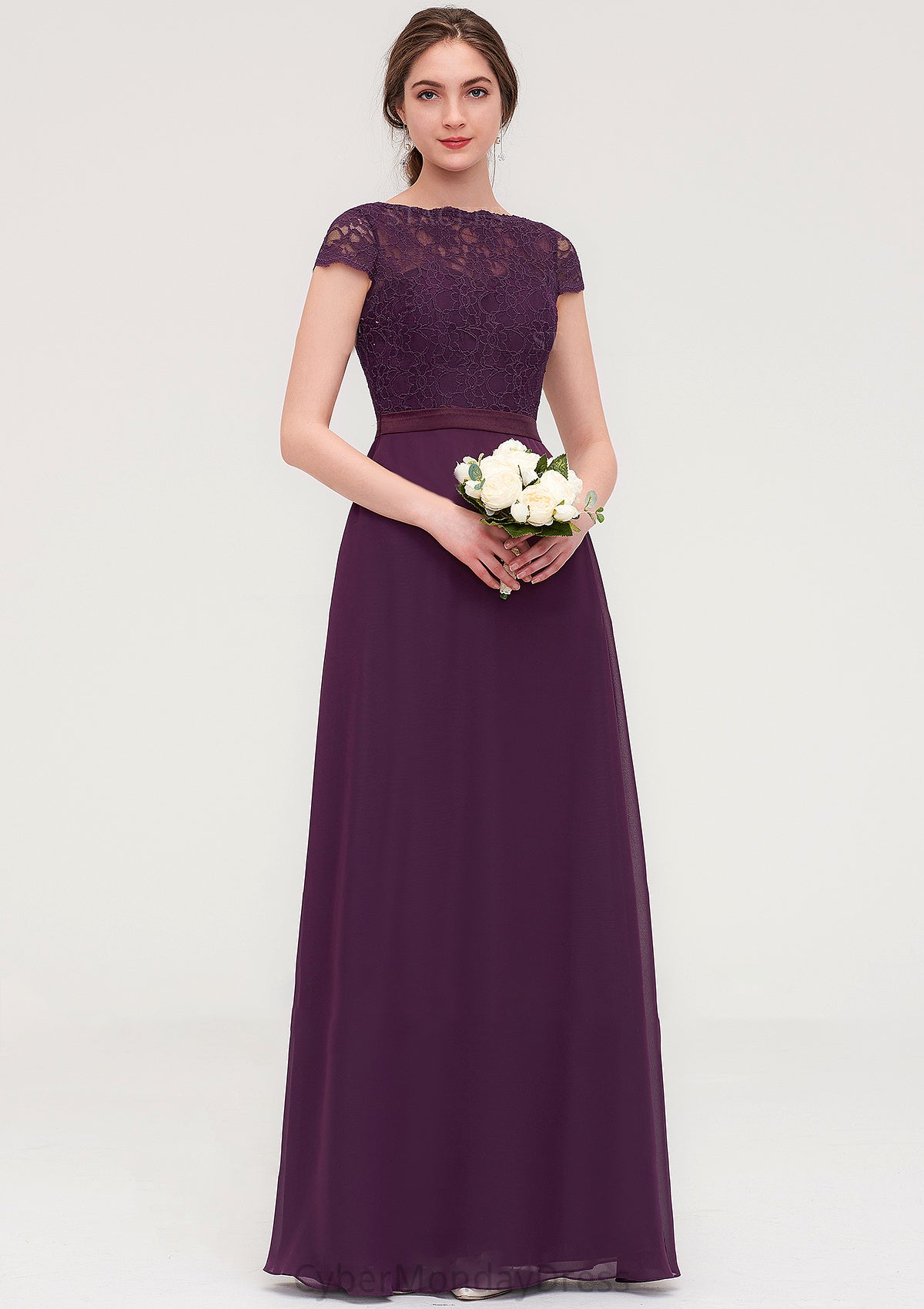 Short Sleeve Bateau Long/Floor-Length  Chiffon A-line/Princess Bridesmaid Dresses With Sashes Lace Tamia DTP0025428