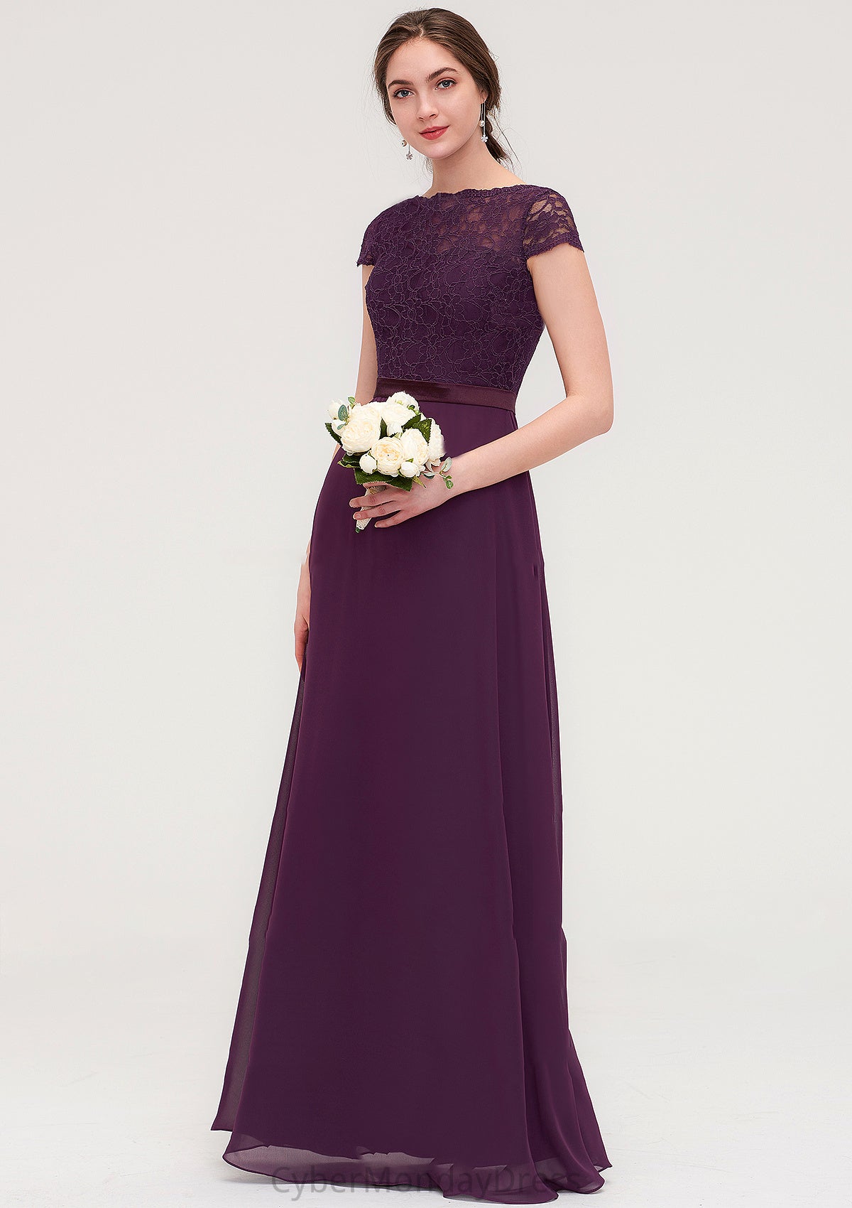 Short Sleeve Bateau Long/Floor-Length  Chiffon A-line/Princess Bridesmaid Dresses With Sashes Lace Tamia DTP0025428