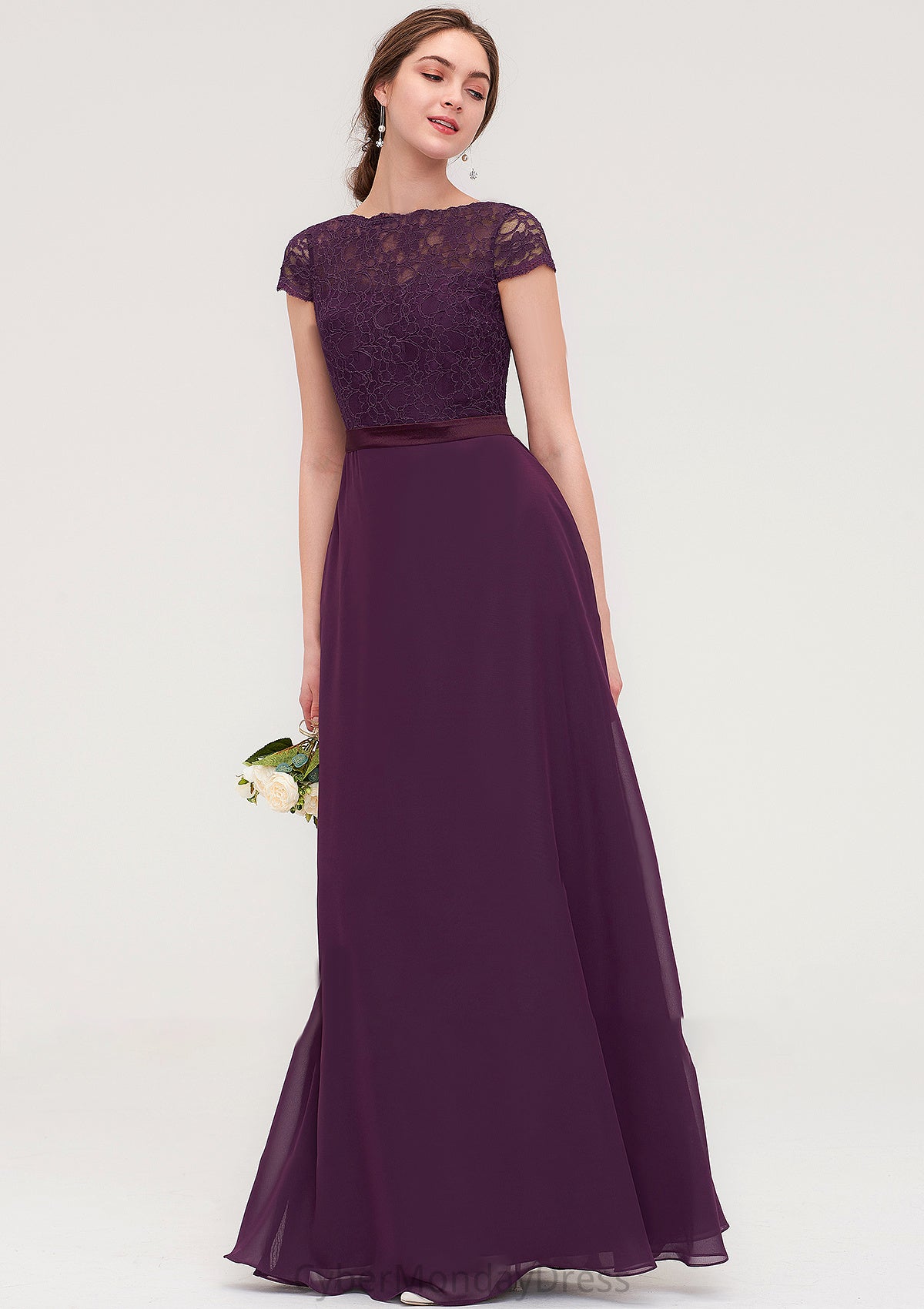 Short Sleeve Bateau Long/Floor-Length  Chiffon A-line/Princess Bridesmaid Dresses With Sashes Lace Tamia DTP0025428