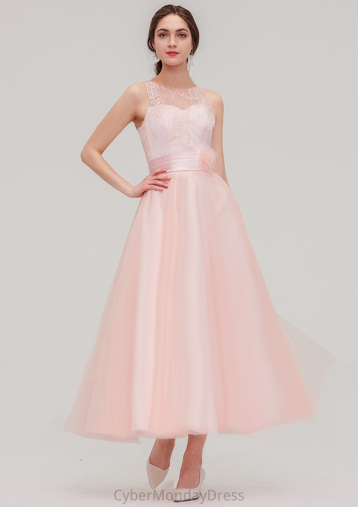 Tea-Length Sleeveless Bateau Tulle A-line/Princess Bridesmaid Dresses With Waistband Lace Maud DTP0025429