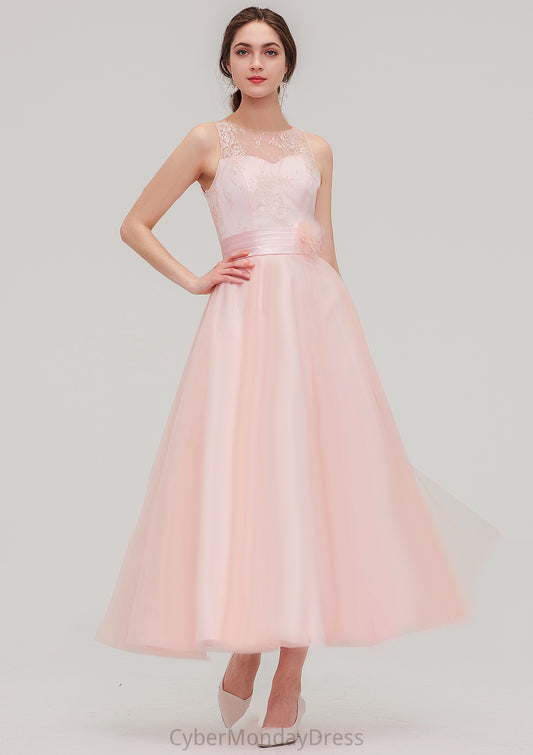 Tea-Length Sleeveless Bateau Tulle A-line/Princess Bridesmaid Dresses With Waistband Lace Maud DTP0025429