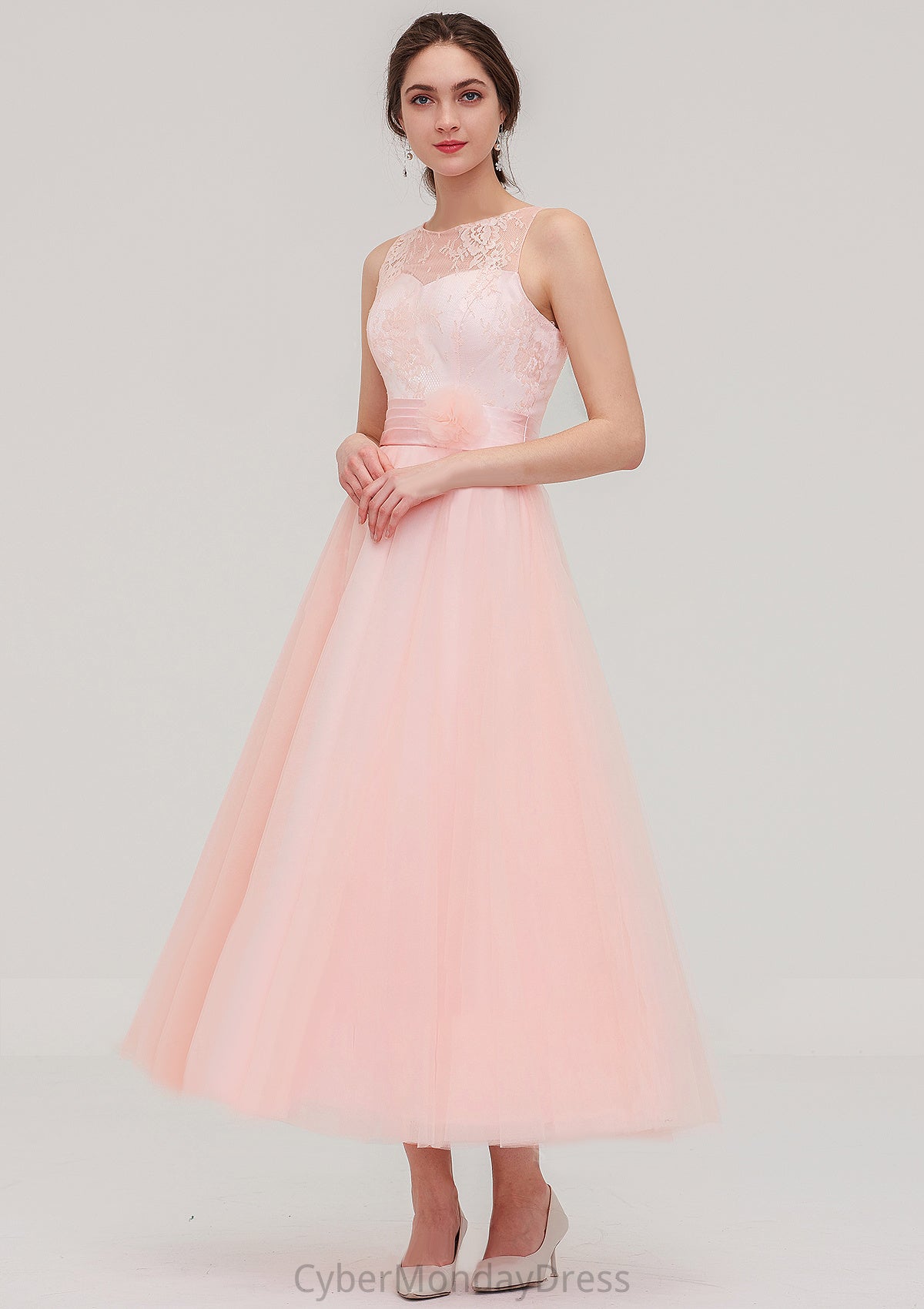 Tea-Length Sleeveless Bateau Tulle A-line/Princess Bridesmaid Dresses With Waistband Lace Maud DTP0025429