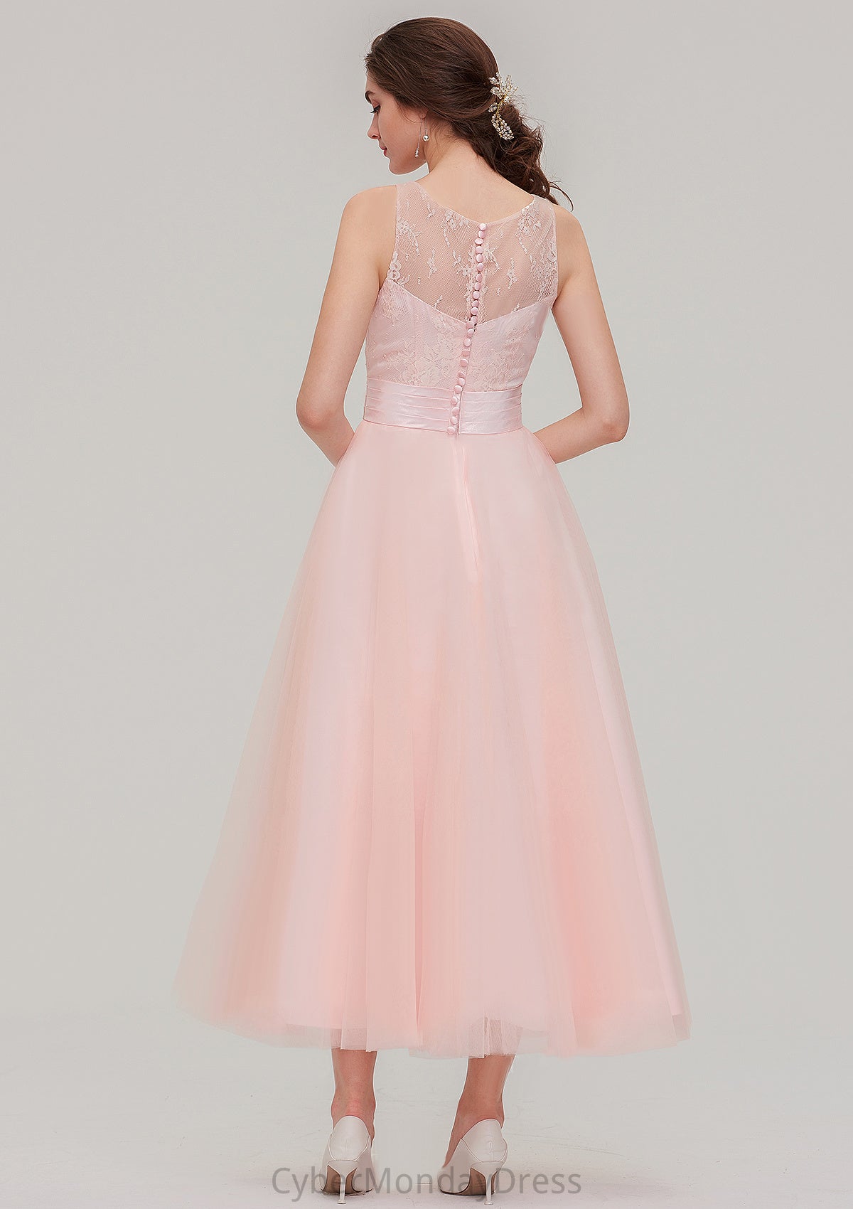 Tea-Length Sleeveless Bateau Tulle A-line/Princess Bridesmaid Dresses With Waistband Lace Maud DTP0025429