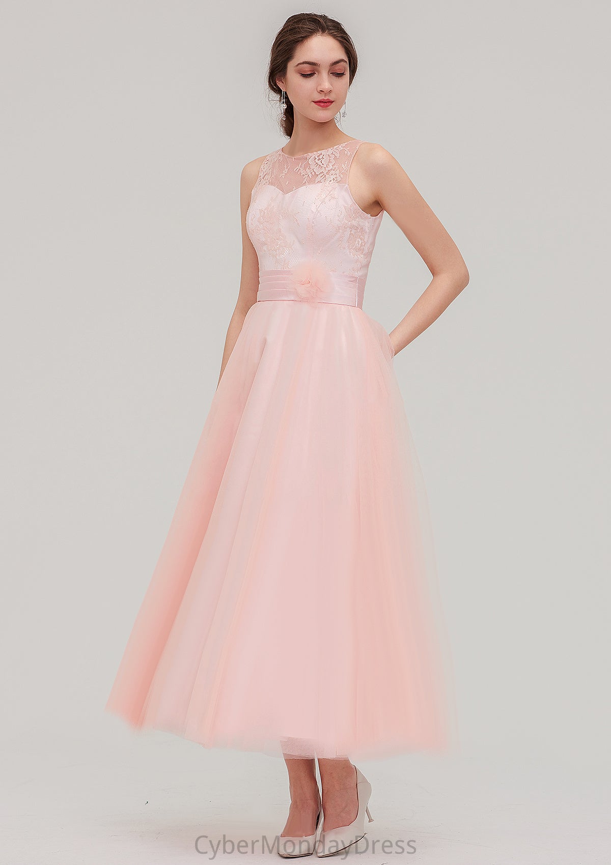 Tea-Length Sleeveless Bateau Tulle A-line/Princess Bridesmaid Dresses With Waistband Lace Maud DTP0025429