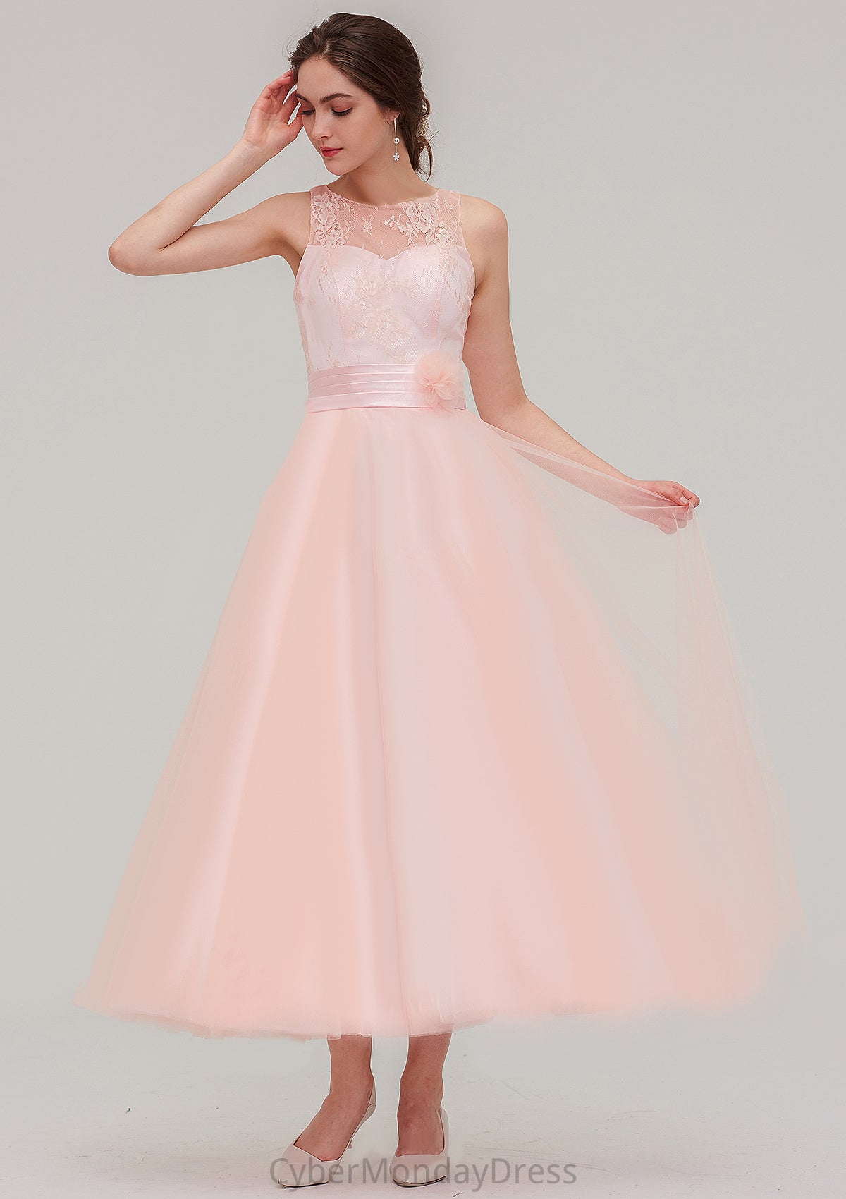 Tea-Length Sleeveless Bateau Tulle A-line/Princess Bridesmaid Dresses With Waistband Lace Maud DTP0025429