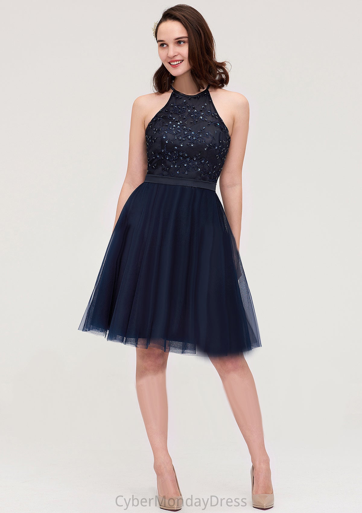 Sleeveless Halter Knee-Length Tulle A-line/Princess Bridesmaid Dresses With Sequins Appliqued Sashes Amari DTP0025430