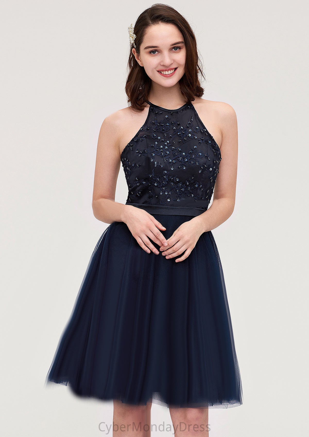 Sleeveless Halter Knee-Length Tulle A-line/Princess Bridesmaid Dresses With Sequins Appliqued Sashes Amari DTP0025430