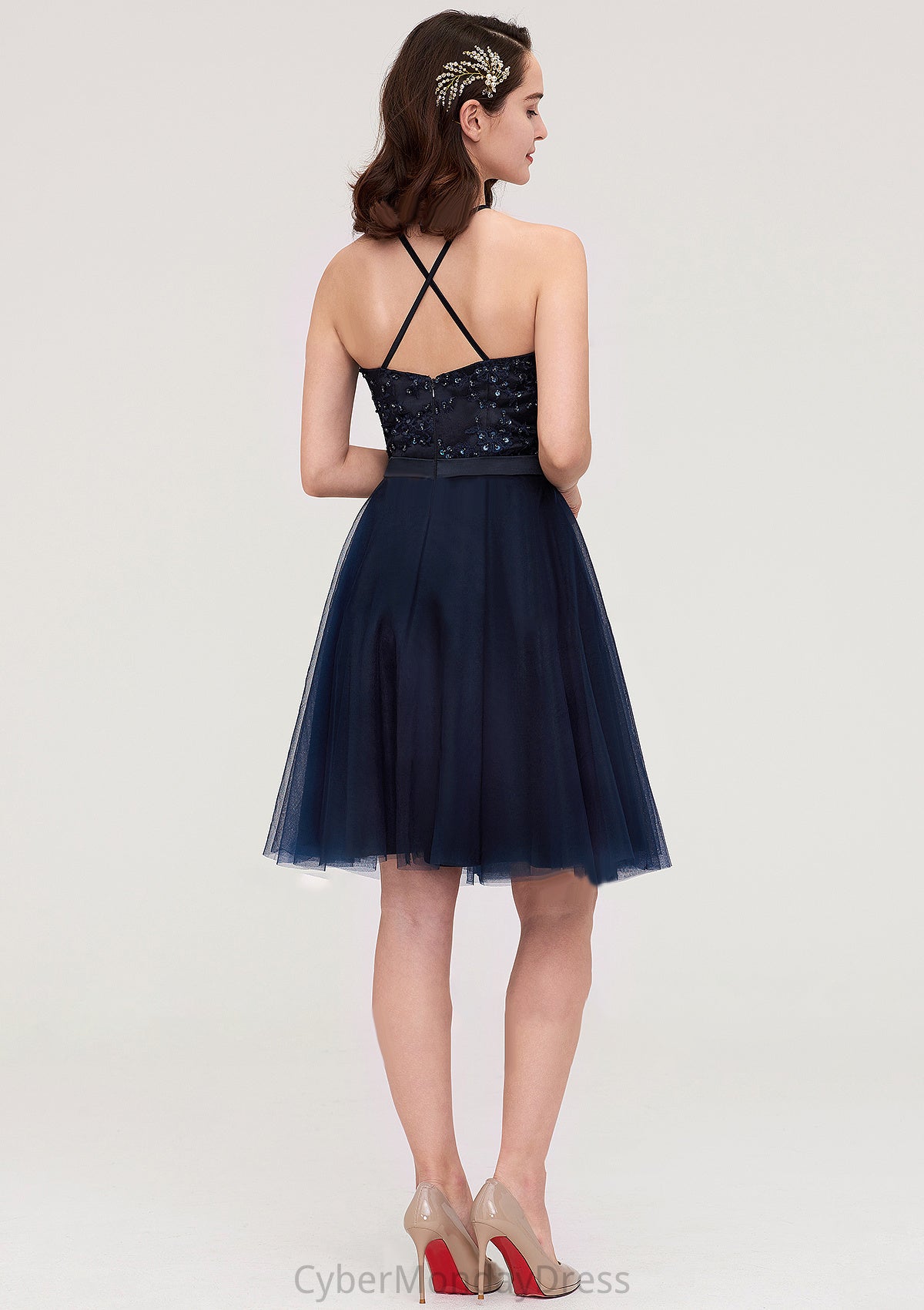 Sleeveless Halter Knee-Length Tulle A-line/Princess Bridesmaid Dresses With Sequins Appliqued Sashes Amari DTP0025430