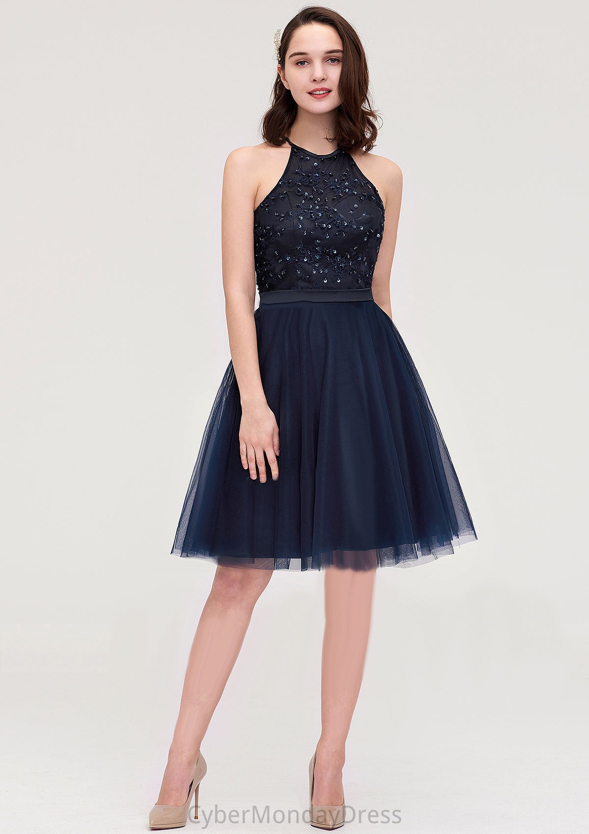 Sleeveless Halter Knee-Length Tulle A-line/Princess Bridesmaid Dresses With Sequins Appliqued Sashes Amari DTP0025430