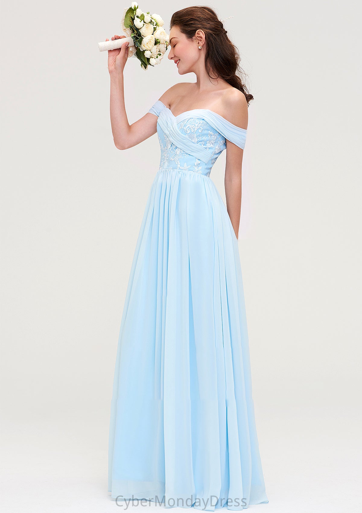 Off-the-Shoulder Sleeveless Chiffon A-line/Princess Long/Floor-Length Bridesmaid Dresseses With Pleated Appliqued Liliana DTP0025431