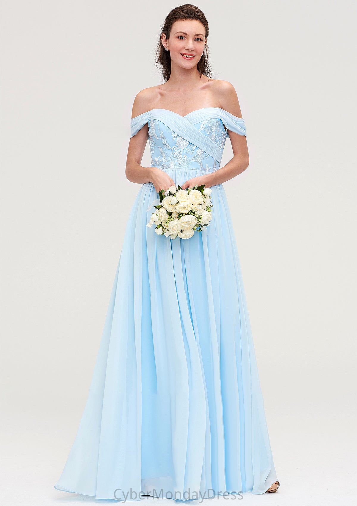 Off-the-Shoulder Sleeveless Chiffon A-line/Princess Long/Floor-Length Bridesmaid Dresseses With Pleated Appliqued Liliana DTP0025431