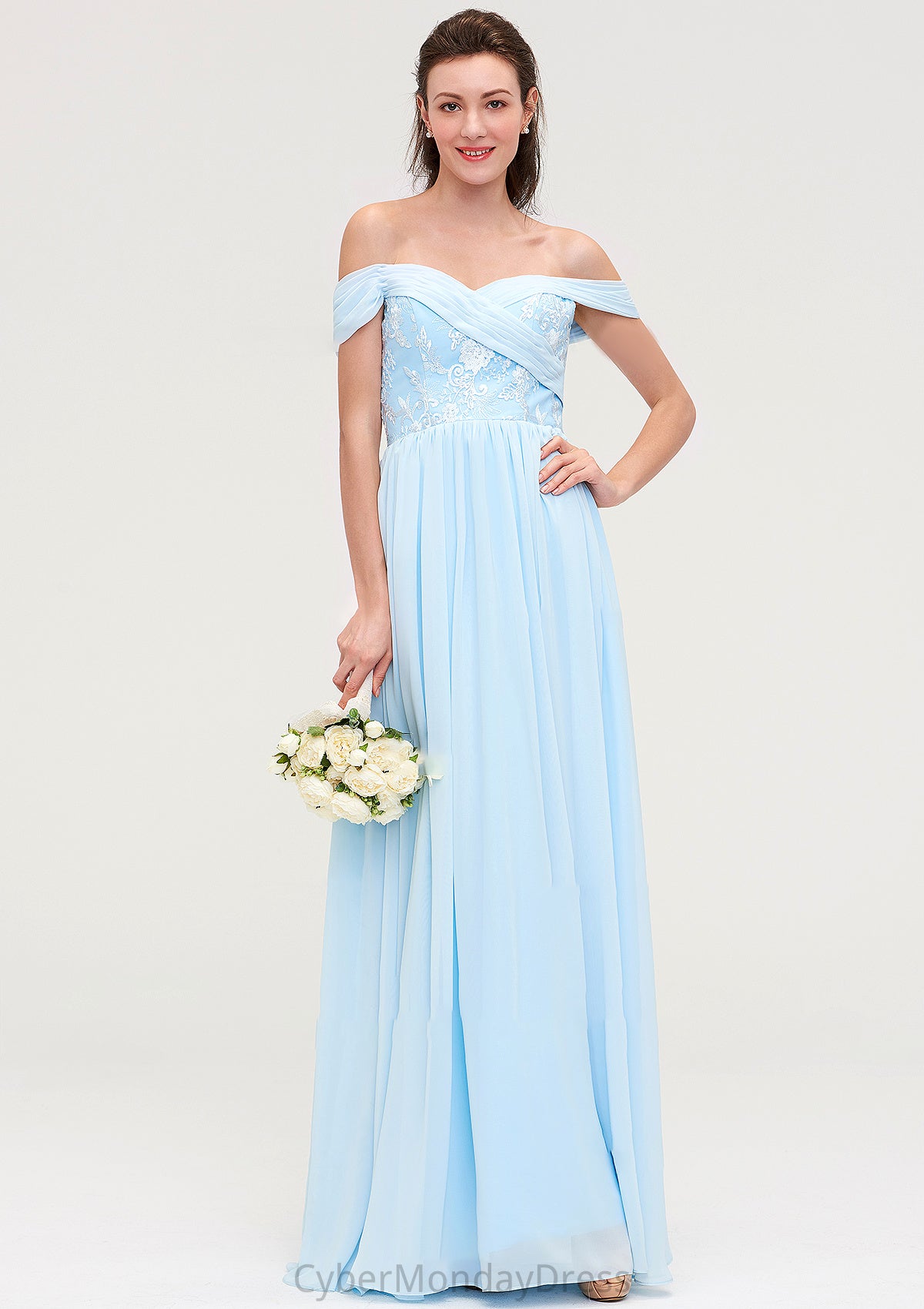 Off-the-Shoulder Sleeveless Chiffon A-line/Princess Long/Floor-Length Bridesmaid Dresseses With Pleated Appliqued Liliana DTP0025431