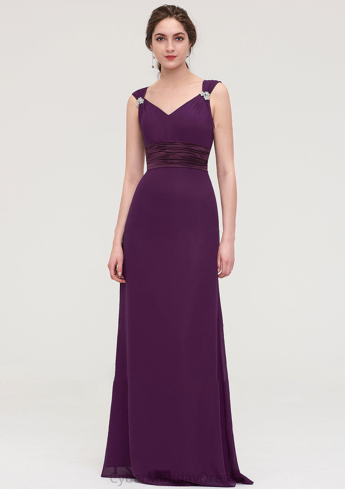 Sleeveless V Neck Long/Floor-Length Sheath/Column Chiffon Bridesmaid Dresses With Sashes Beading Pleated Deborah DTP0025432