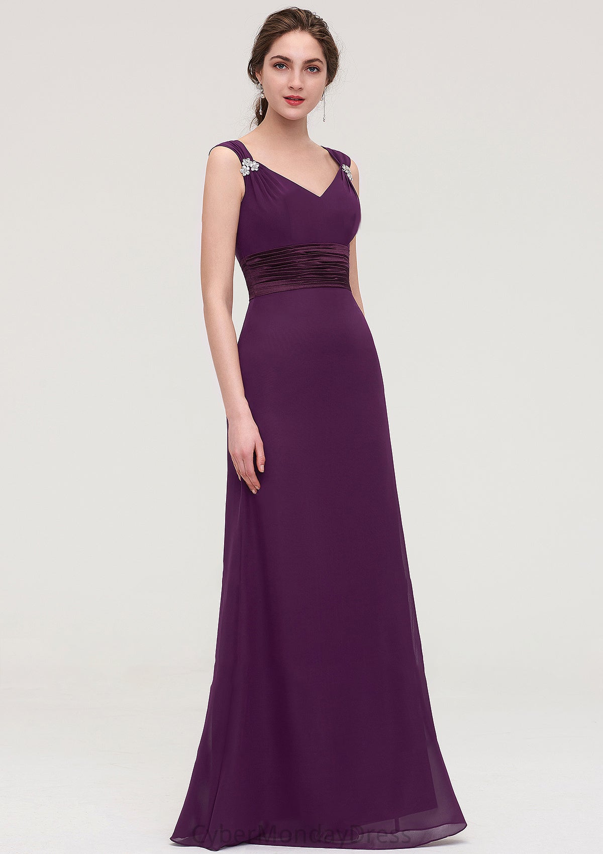 Sleeveless V Neck Long/Floor-Length Sheath/Column Chiffon Bridesmaid Dresses With Sashes Beading Pleated Deborah DTP0025432