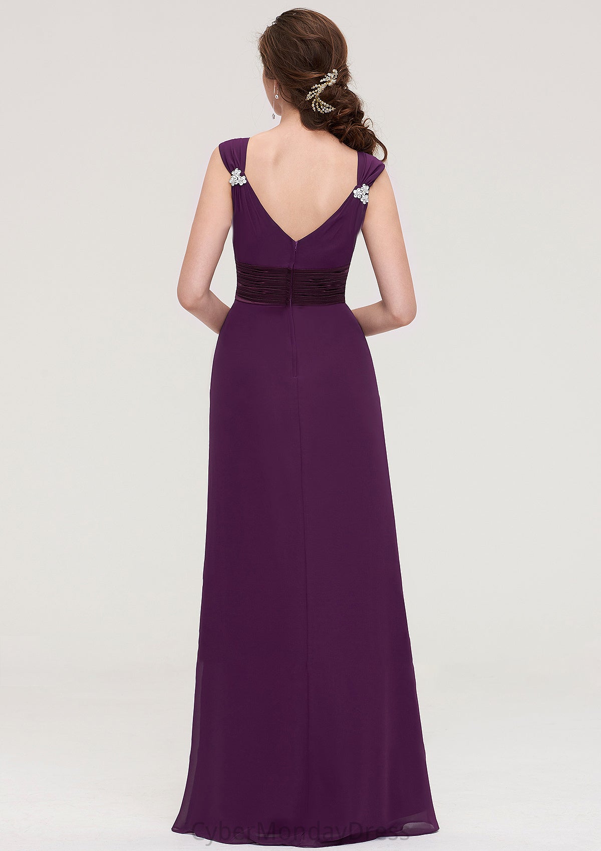 Sleeveless V Neck Long/Floor-Length Sheath/Column Chiffon Bridesmaid Dresses With Sashes Beading Pleated Deborah DTP0025432