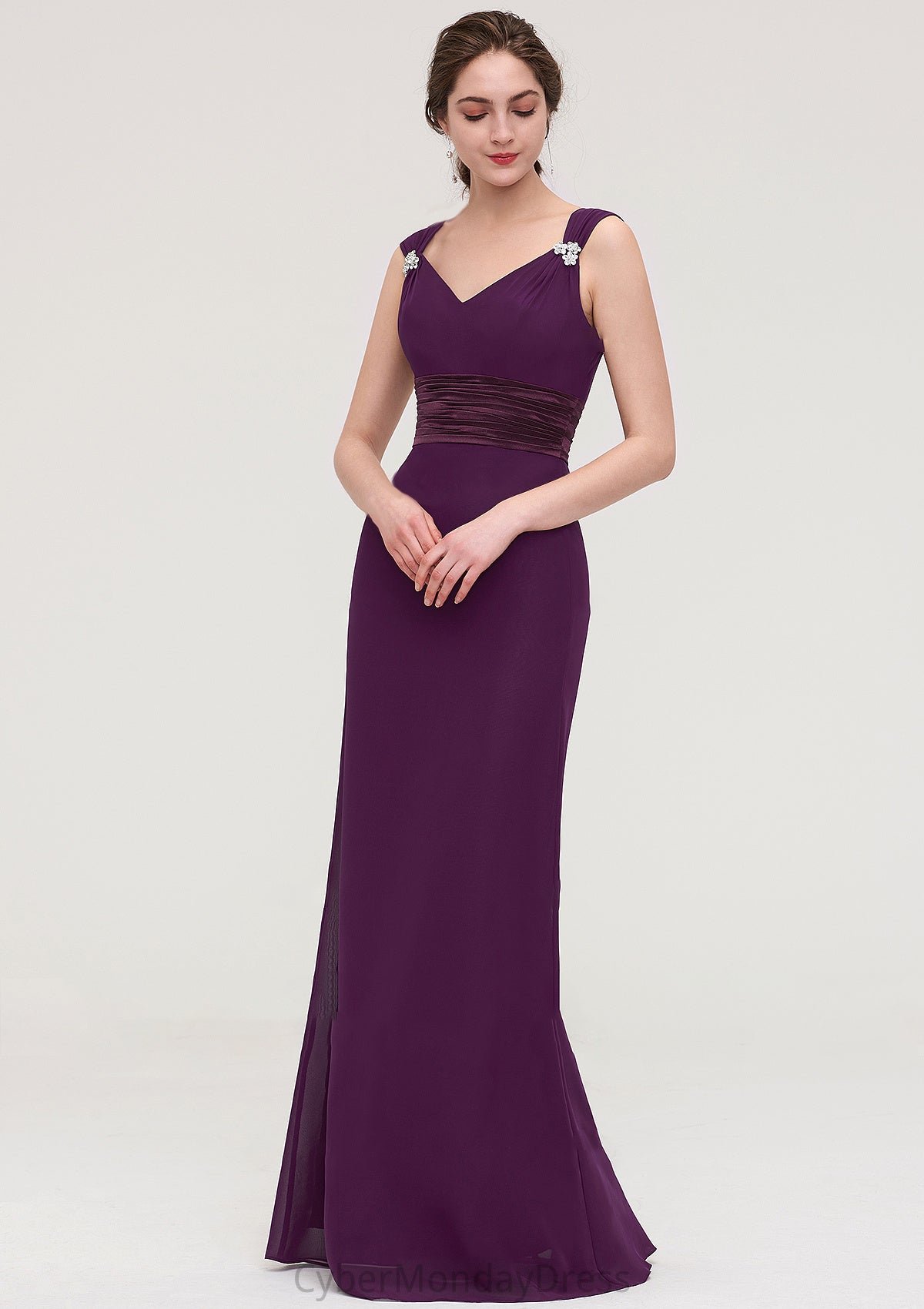 Sleeveless V Neck Long/Floor-Length Sheath/Column Chiffon Bridesmaid Dresses With Sashes Beading Pleated Deborah DTP0025432