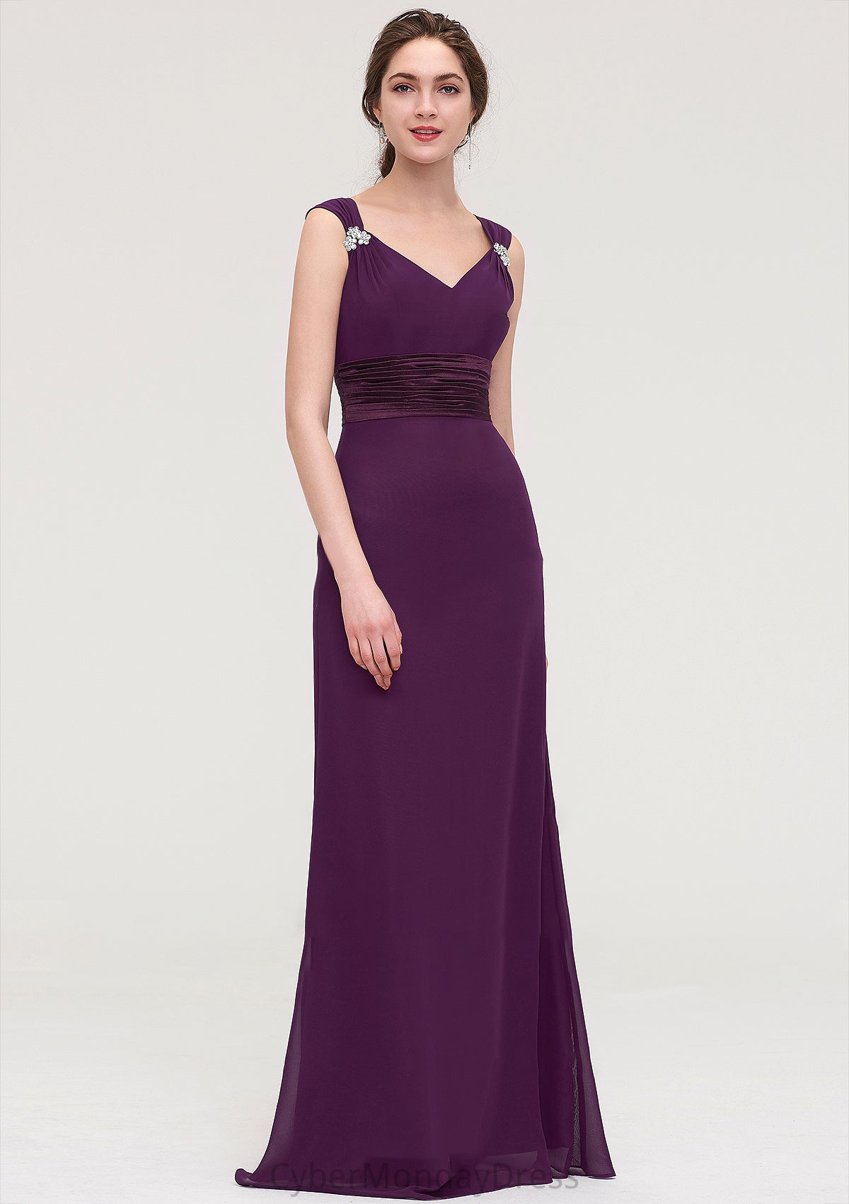 Sleeveless V Neck Long/Floor-Length Sheath/Column Chiffon Bridesmaid Dresses With Sashes Beading Pleated Deborah DTP0025432