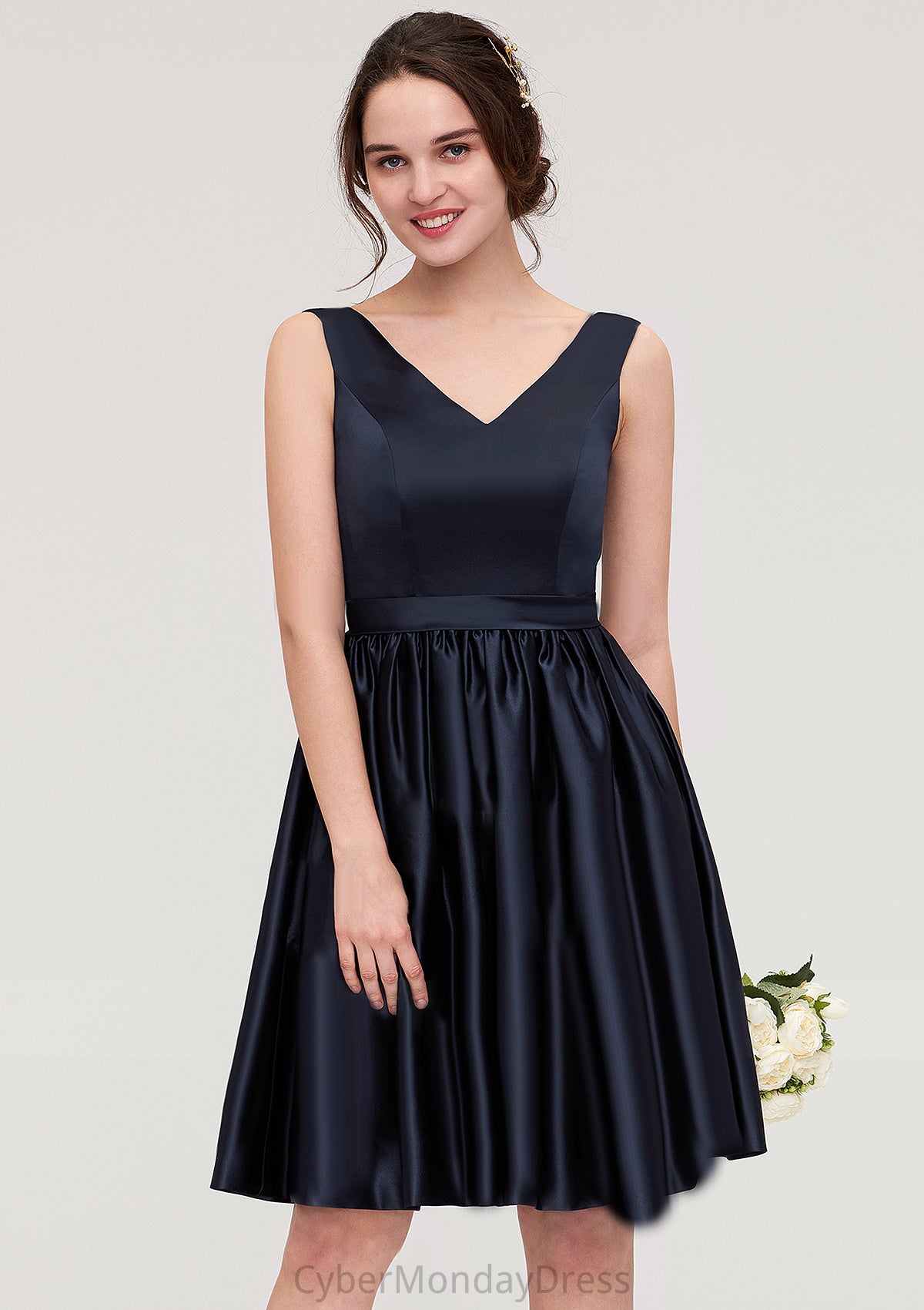 V Neck Sleeveless A-line/Princess Knee-Length Satin Bridesmaid Dresses With Pleated Kaylie DTP0025433